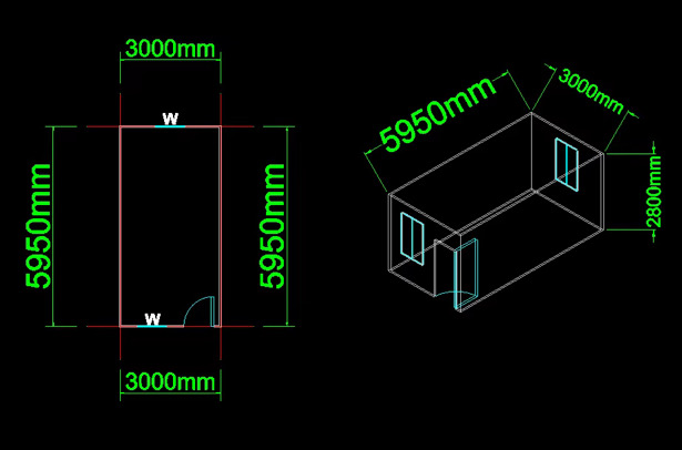 Plano del módulo: largo 5950 mm, ancho 3000 mm y alto 2800 mm